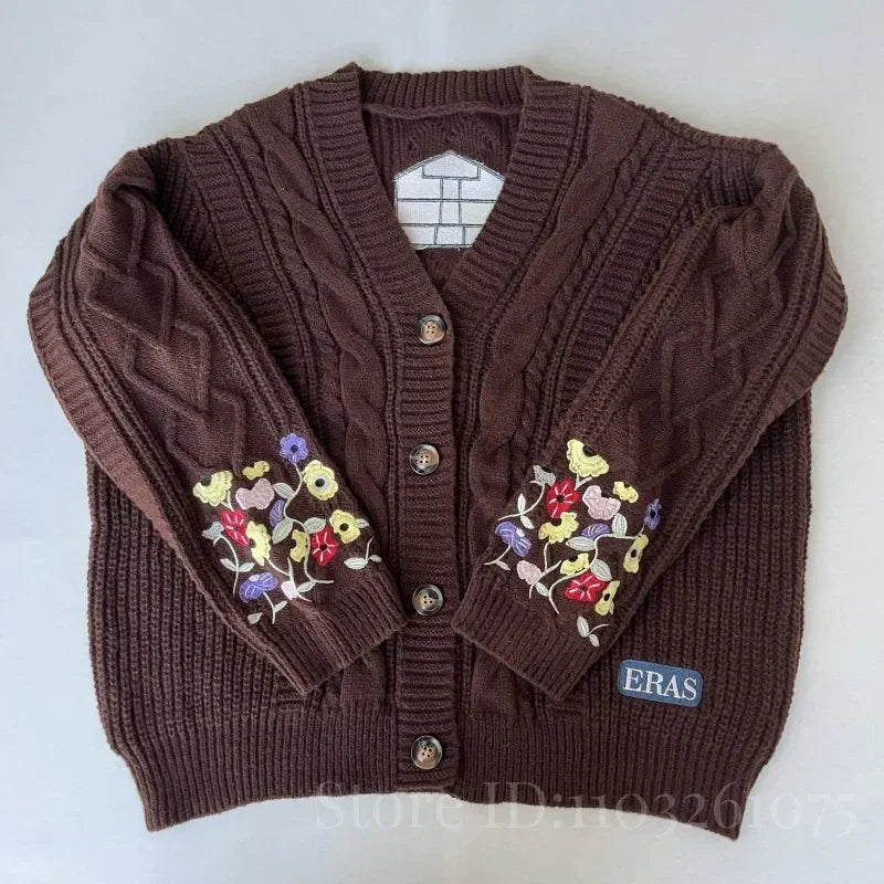 2025 Plus Size Eras Cardigan for Women Autumn Winter Flower Embroidered Knitted Sweater Y2k Girl Vintage Fashion Cardigans Tops