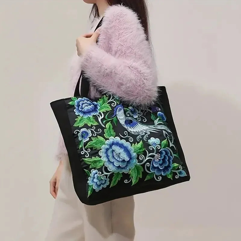 Ethnic Style Flower Embroidery Canvas Tote Shoulder Bag Large Capacity Handbag For Women