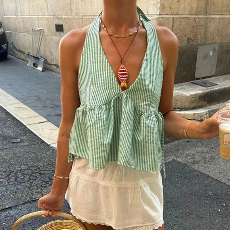 Bohemian Plaid Babydoll Tank Tops Coquette Tie-up Halter Neck Sleeveless Vest Summer Backless Crop Tops Women Holiday Streetwear