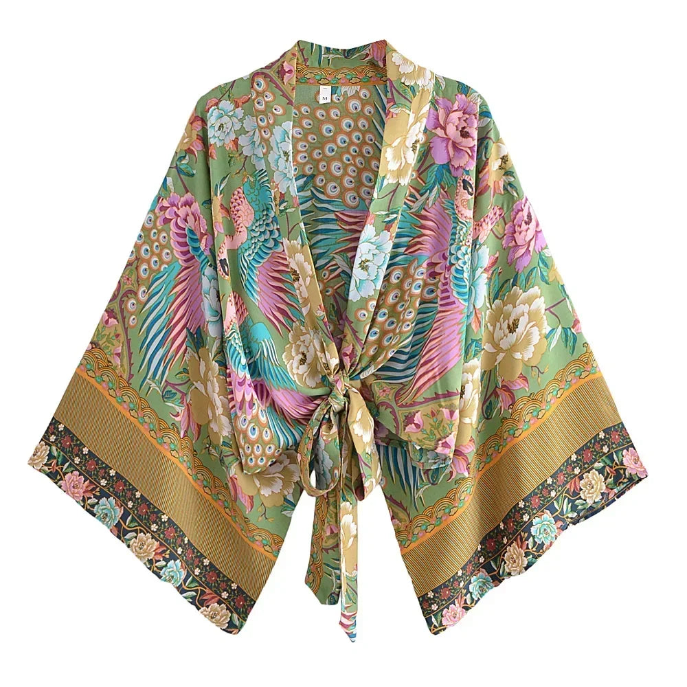 Happie Queens Floral Print Sashes Short Kimono Women Fashion V Neck Batwing Sleeves Robe Lady Boho Bikini Cover-ups