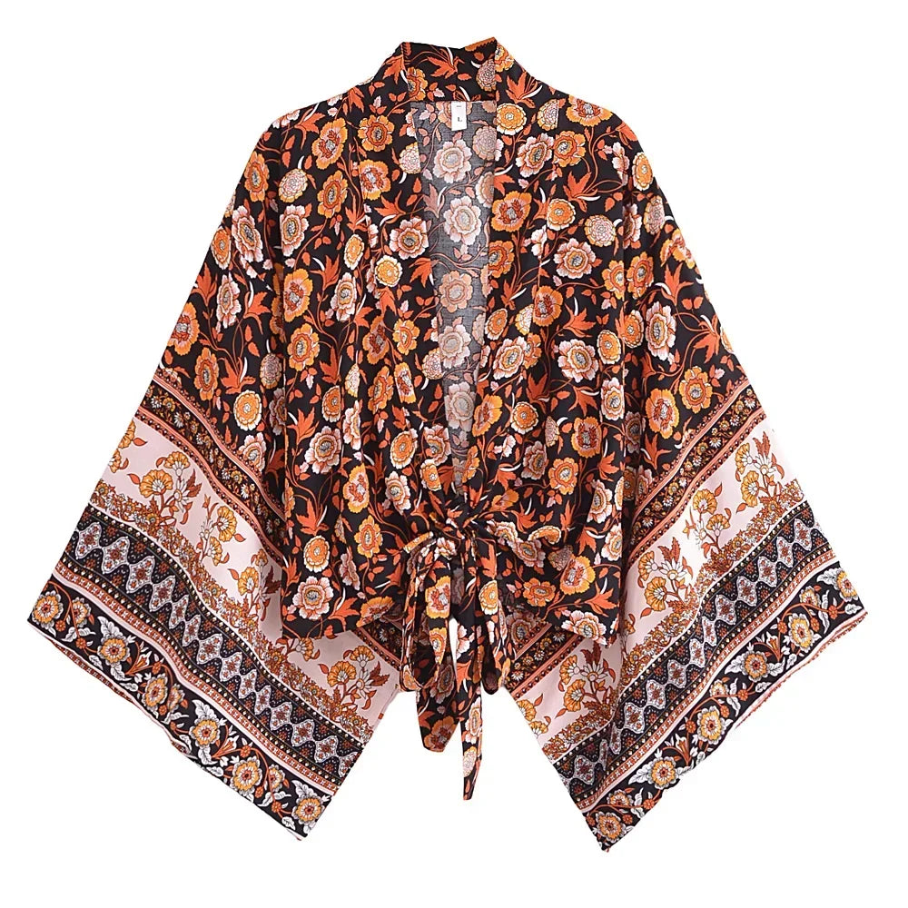 Happie Queens Floral Print Sashes Short Kimono Women Fashion V Neck Batwing Sleeves Robe Lady Boho Bikini Cover-ups
