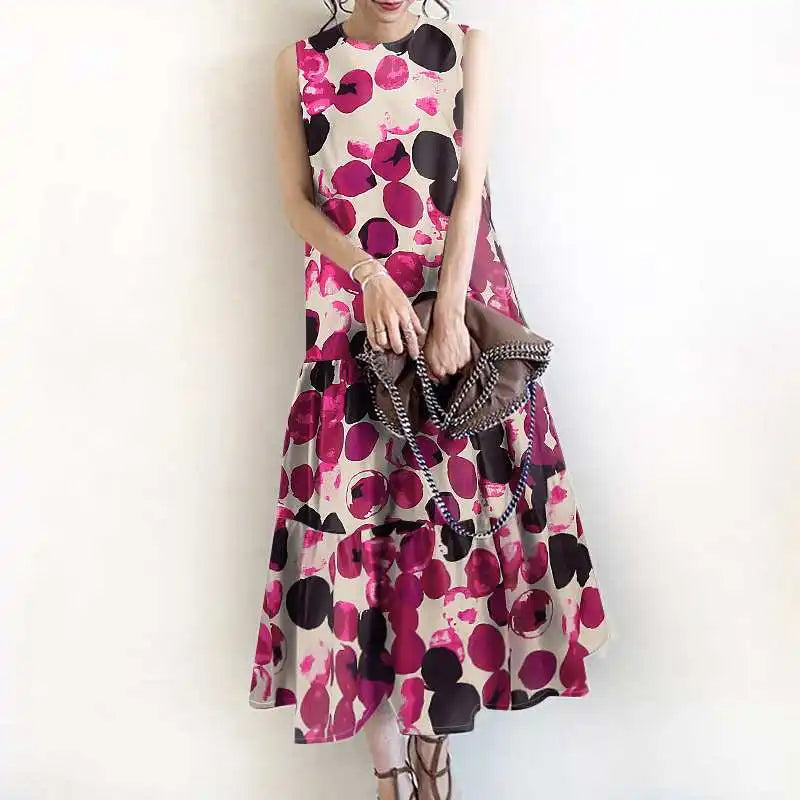 Bohemian Sleeveless Summer Dresses Women Floral Printed Sundress Fashion Casual Ruffles Hem Long Vestido Robe Femme