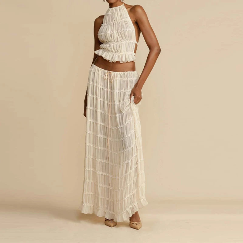 Pleated Crop Tops Long Skirt Suit Women Halter Sleeveless Backless Skirts Set 2024 Summer Ladies Sexy 2 Piece Set Beach Outfit