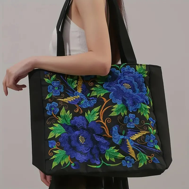 Ethnic Style Flower Embroidery Canvas Tote Shoulder Bag Large Capacity Handbag For Women
