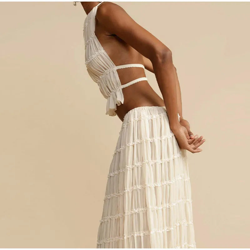 Pleated Crop Tops Long Skirt Suit Women Halter Sleeveless Backless Skirts Set 2024 Summer Ladies Sexy 2 Piece Set Beach Outfit