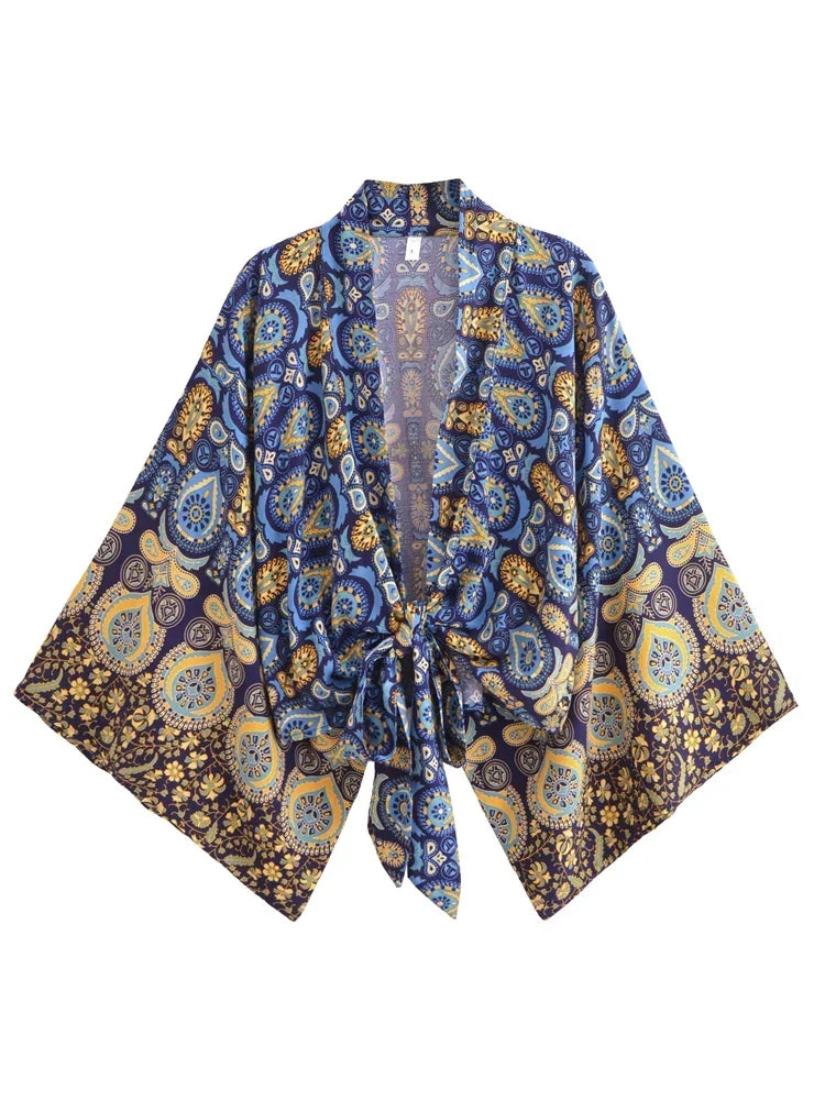 Vintage Boho Kimono Short Robe Women Fashion 2024 Floral Batwing Sleeves Rayon Bohemian Bikini Cover Up Beachwear