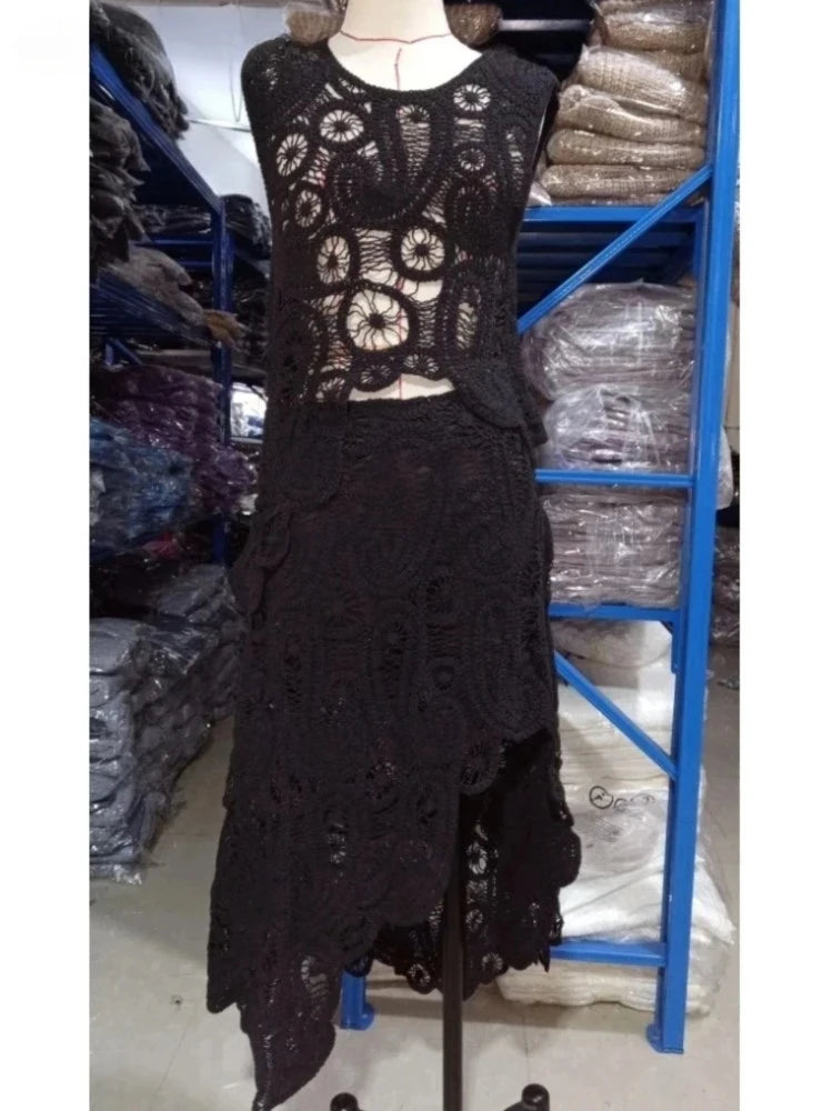 Knitted Irregular Top & Skirts Set Woman 2025 Summer New Sexy Sleeveless Tank Top High Waist Skirts Elegant Chic Outfit