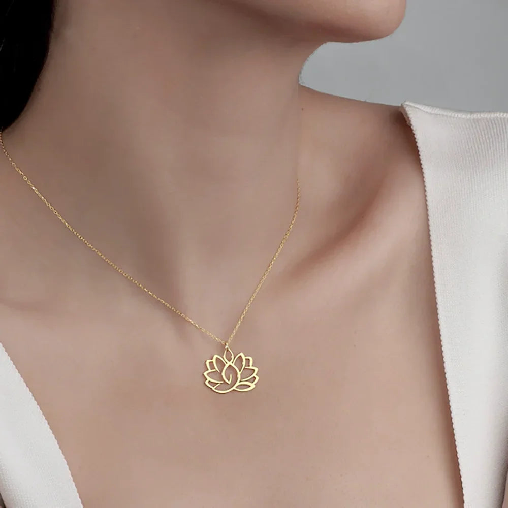 Stainless Steel Necklace Yoga Lotus Flower Necklaces Adjustable Chains Pendant Women Buddhist Religious Jewelry Party Gifts