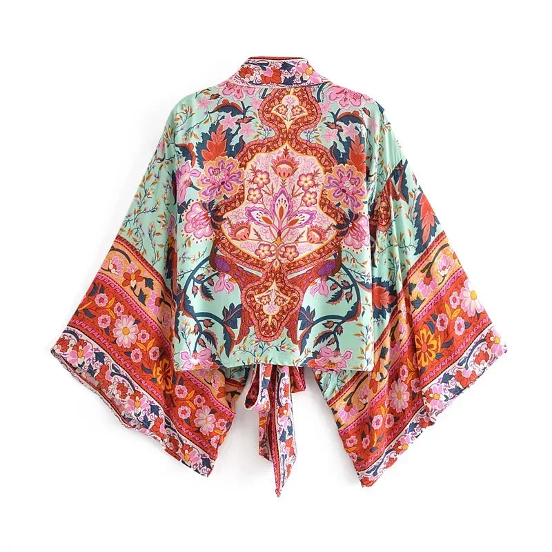 Happie Queens Floral Print Sashes Short Kimono Women Fashion V Neck Batwing Sleeves Robe Lady Boho Bikini Cover-ups