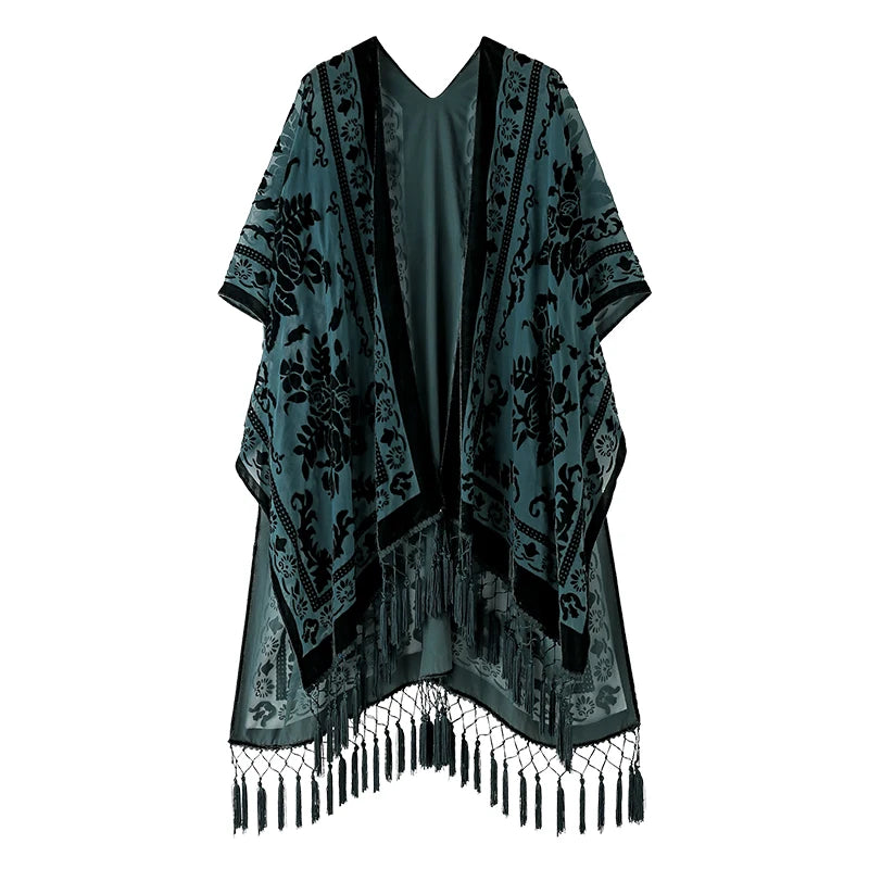 WeHello Bohemian burnt plush kimono Women's long Purple Tassel Beach Cover-up Holiday Casual Cardigan Shawl JYPF-20