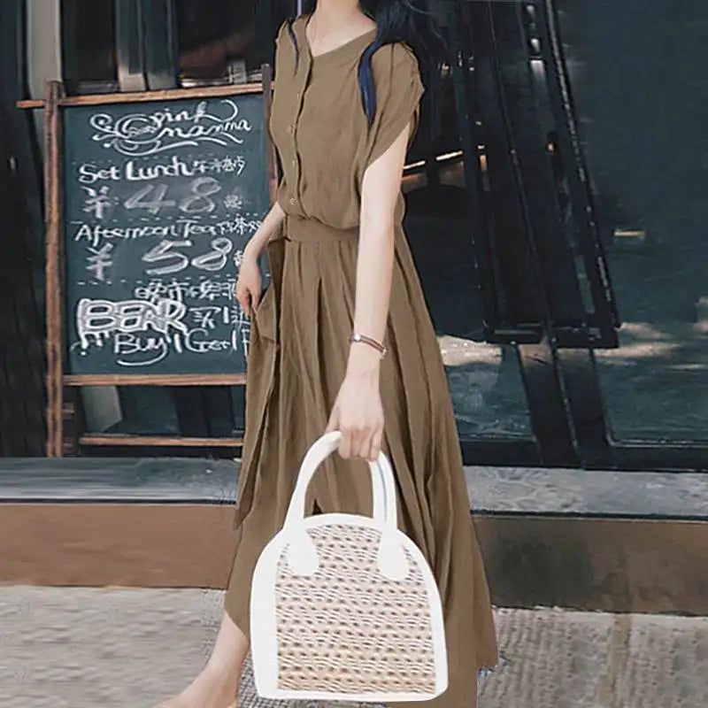 Women Fashion Short Sleeve Dress Summer Elegant Party Vestidos Casual Mid-calf Sundress Femme Vintage OL Robe Kaftan