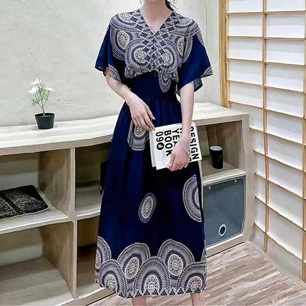 Casual Elegant Retro Bohemian National Style V-neck Elastic Waist Large Swing Printed Summer Long Skirt Woman Dress Clothes