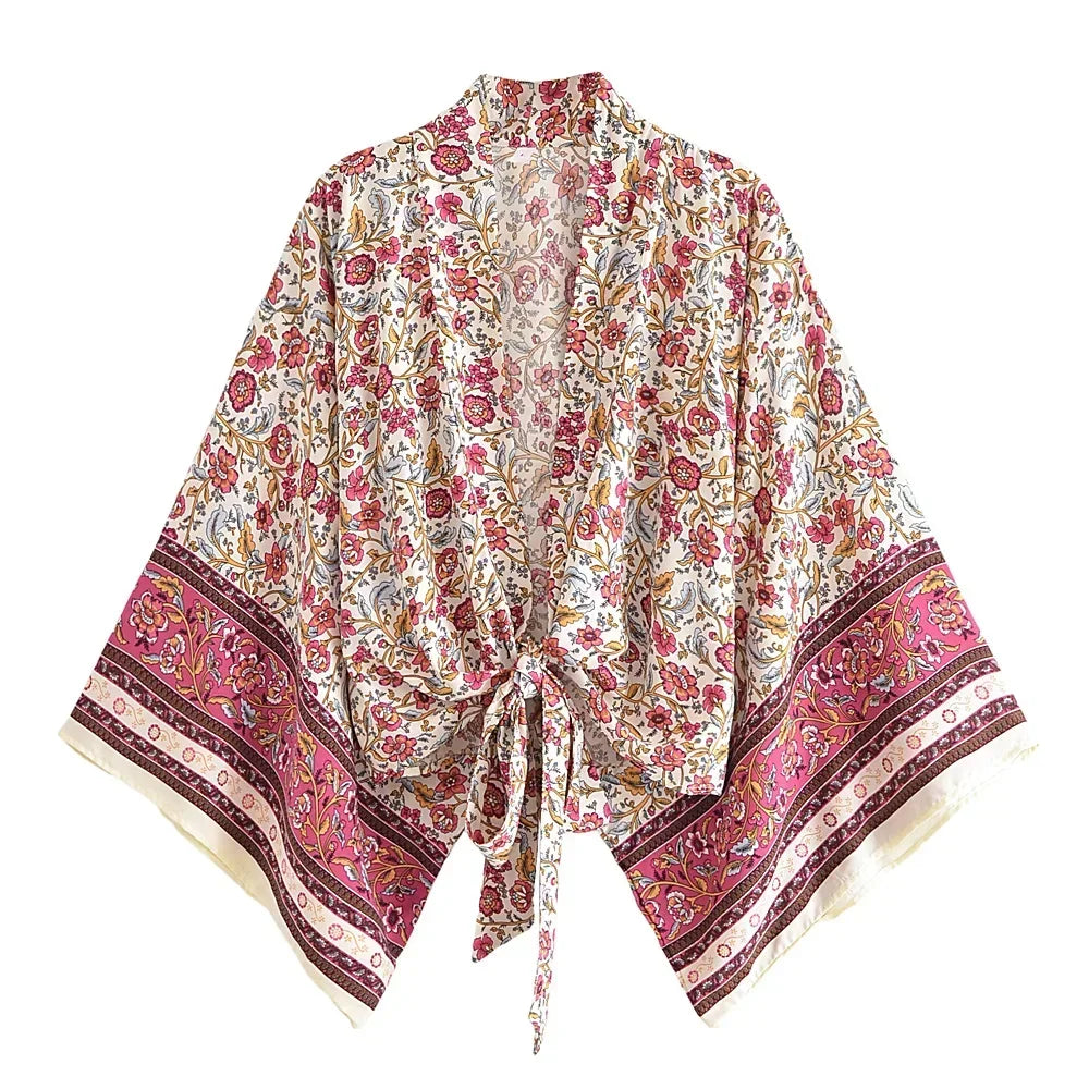 Happie Queens Floral Print Sashes Short Kimono Women Fashion V Neck Batwing Sleeves Robe Lady Boho Bikini Cover-ups