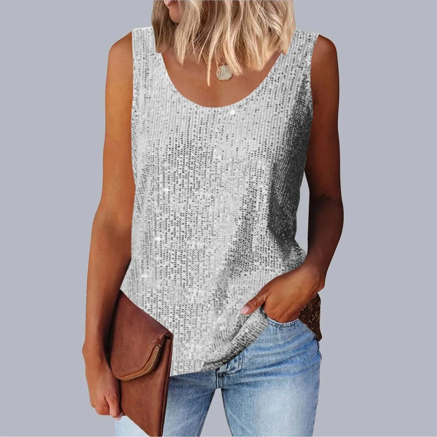 Women's Loose-Fit Round Neck Vest Polyester Fiber Metal Patch Decorative Women's Sweater