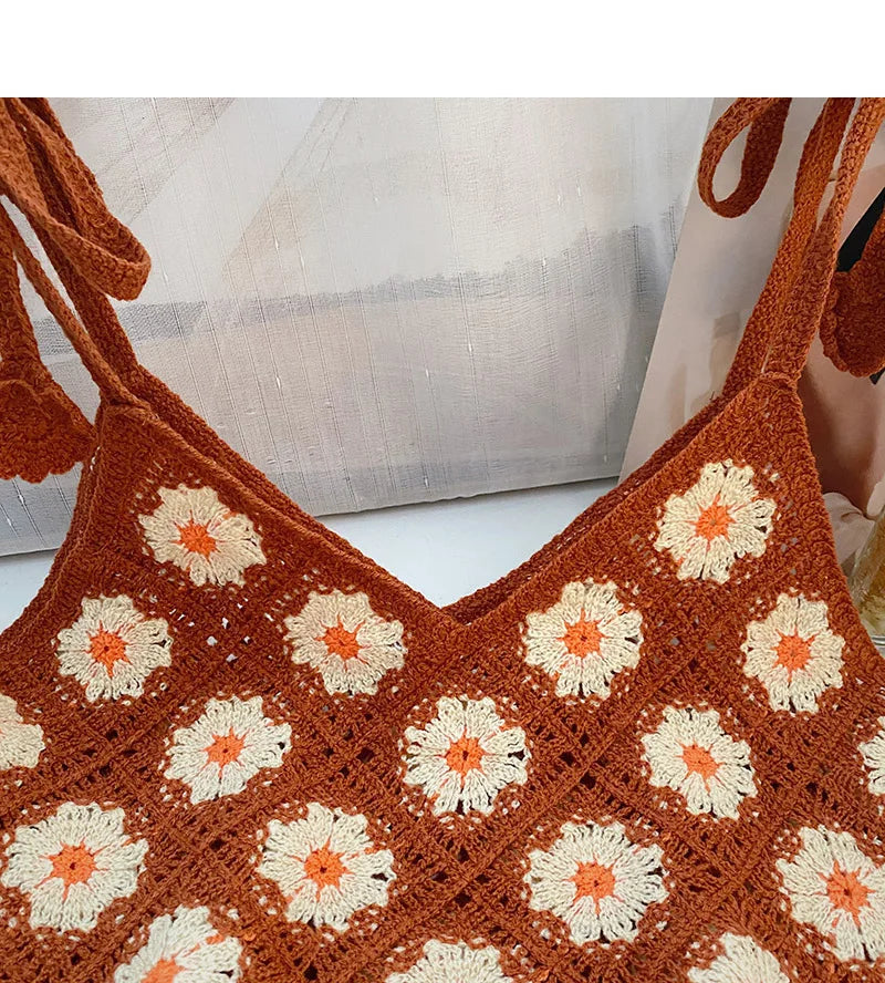 Floral Crochet Top with Tie Shoulder Strap Open-knit Cami Tank Women Teengirl Boho Crop Top Summer Vacation Bohemian Clothes