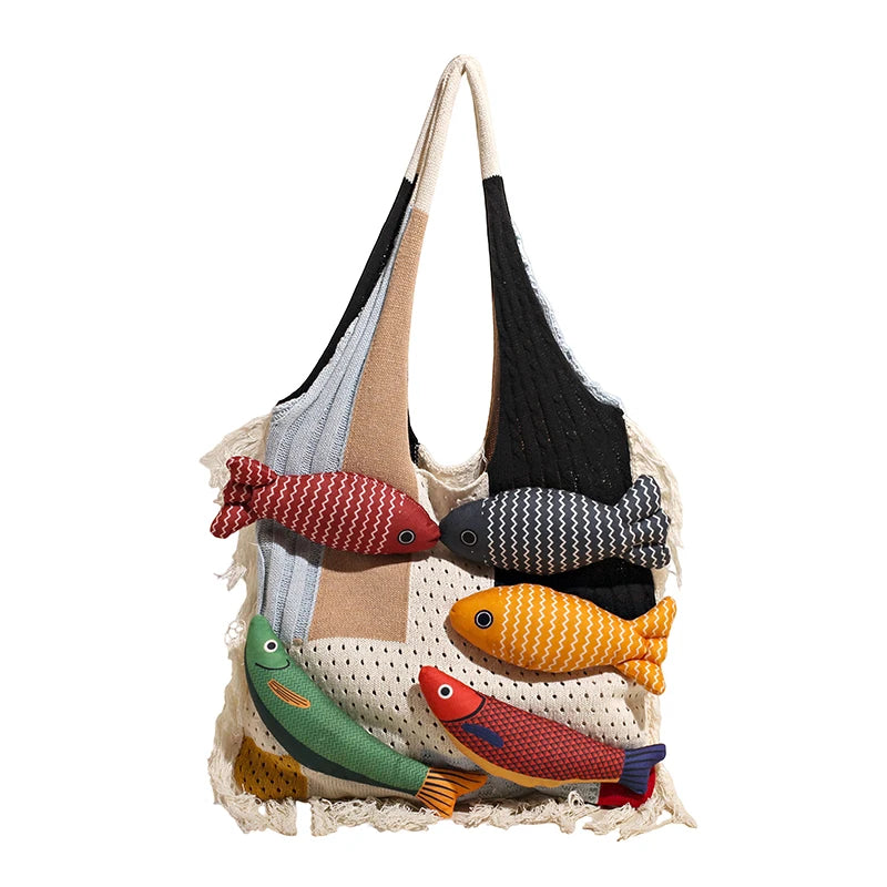 Cute Little Fish Relaxed Knitted Bag 2025 Summer New Commuter Versatile Shoulder Bag Contrasting Cut Out Tote Bag