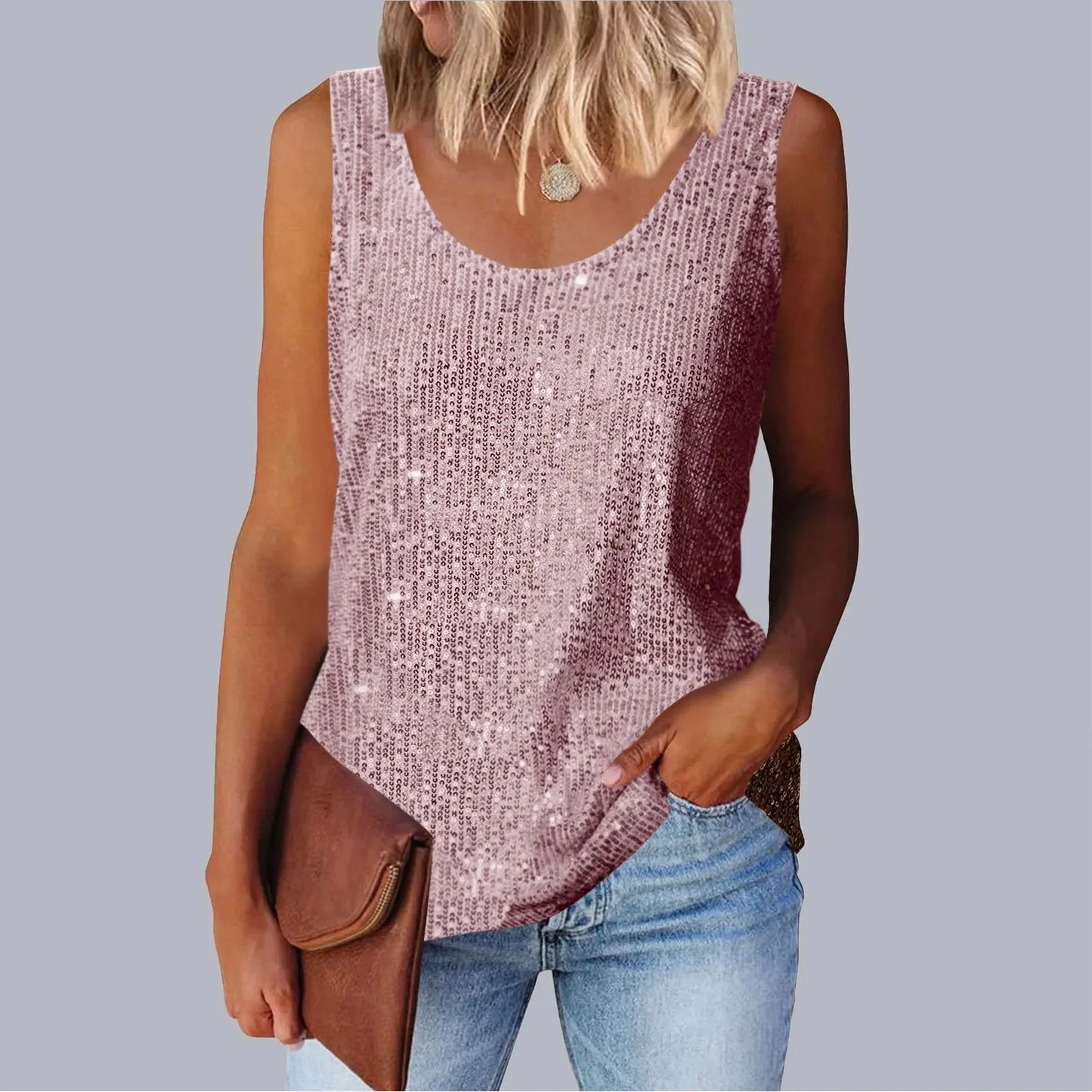 Women's Loose-Fit Round Neck Vest Polyester Fiber Metal Patch Decorative Women's Sweater