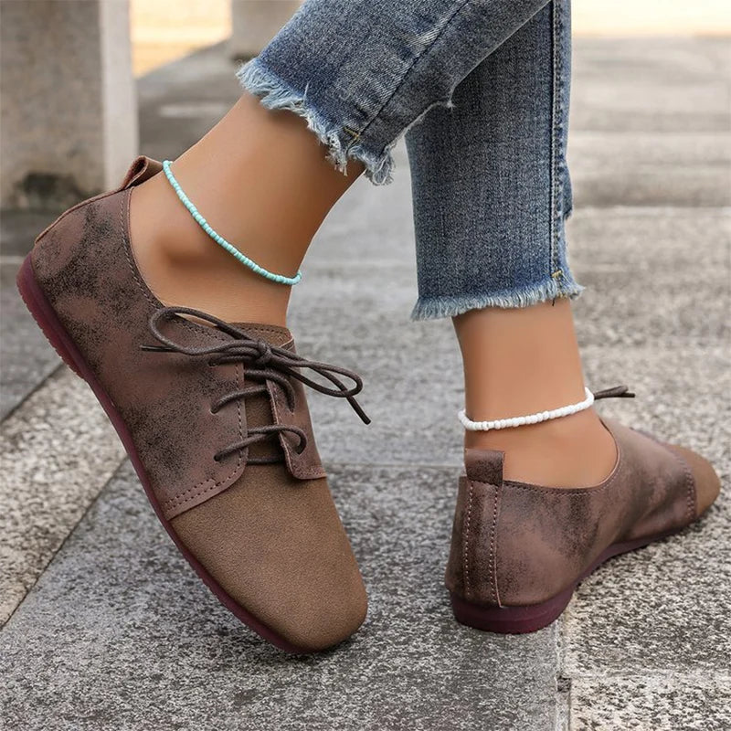 Brown Round Toe Flats Shoes Women 2025 Faux Suede Lace Up Flat Shoes for Woman Plus Size 43 Soft Walking Casual Shoes Female