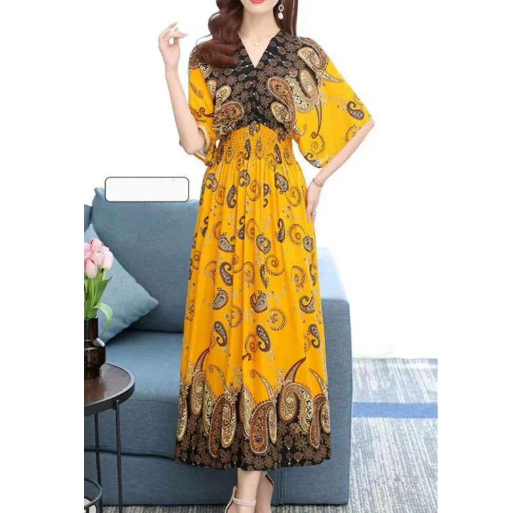 Casual Elegant Retro Bohemian National Style V-neck Elastic Waist Large Swing Printed Summer Long Skirt Woman Dress Clothes