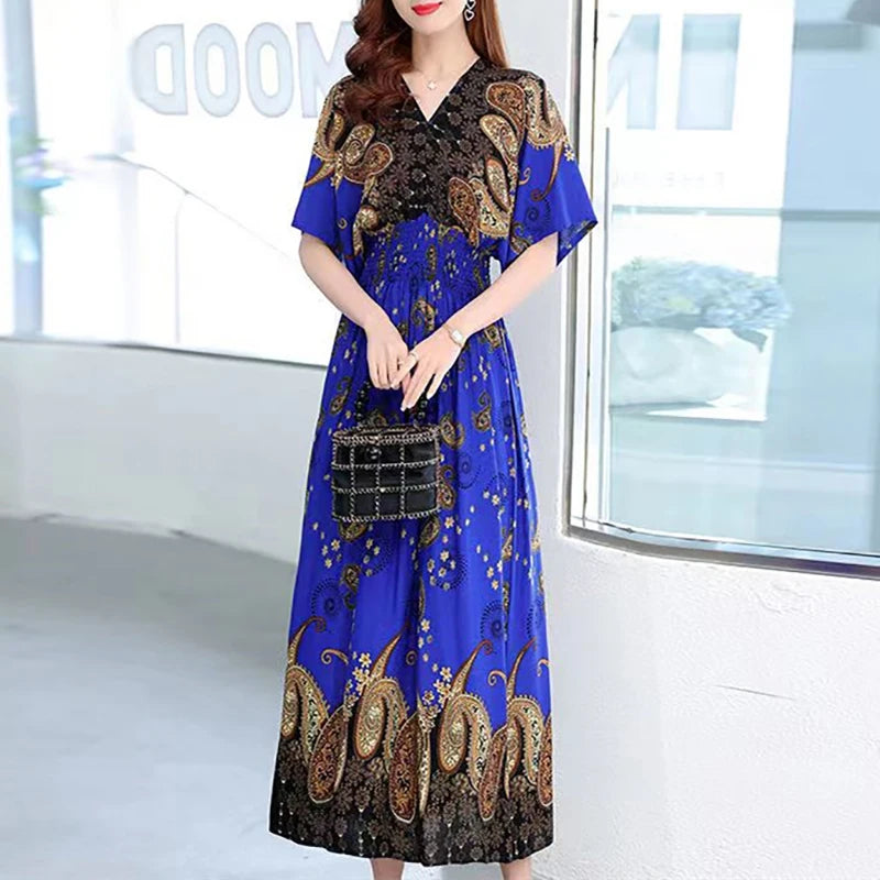 Casual Elegant Retro Bohemian National Style V-neck Elastic Waist Large Swing Printed Summer Long Skirt Woman Dress Clothes