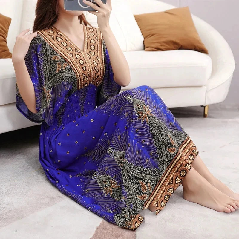 Casual Elegant Retro Bohemian National Style V-neck Elastic Waist Large Swing Printed Summer Long Skirt Woman Dress Clothes