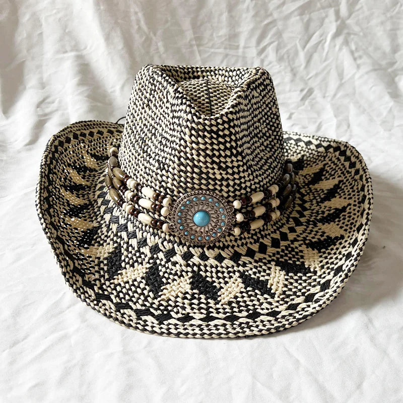 Handmade Color Matching Sun Hat Characteristic Ethnic Style Western Cowboy Straw Hat Black and White Two-color Woven Beach Hat