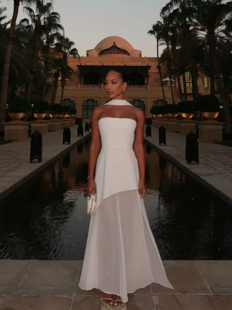 Elegant White Mesh Splicing Slim Women Strapless Dress Chic Scarf Neck Off Shoulder High Waist Long Dresses Lady Party Robes