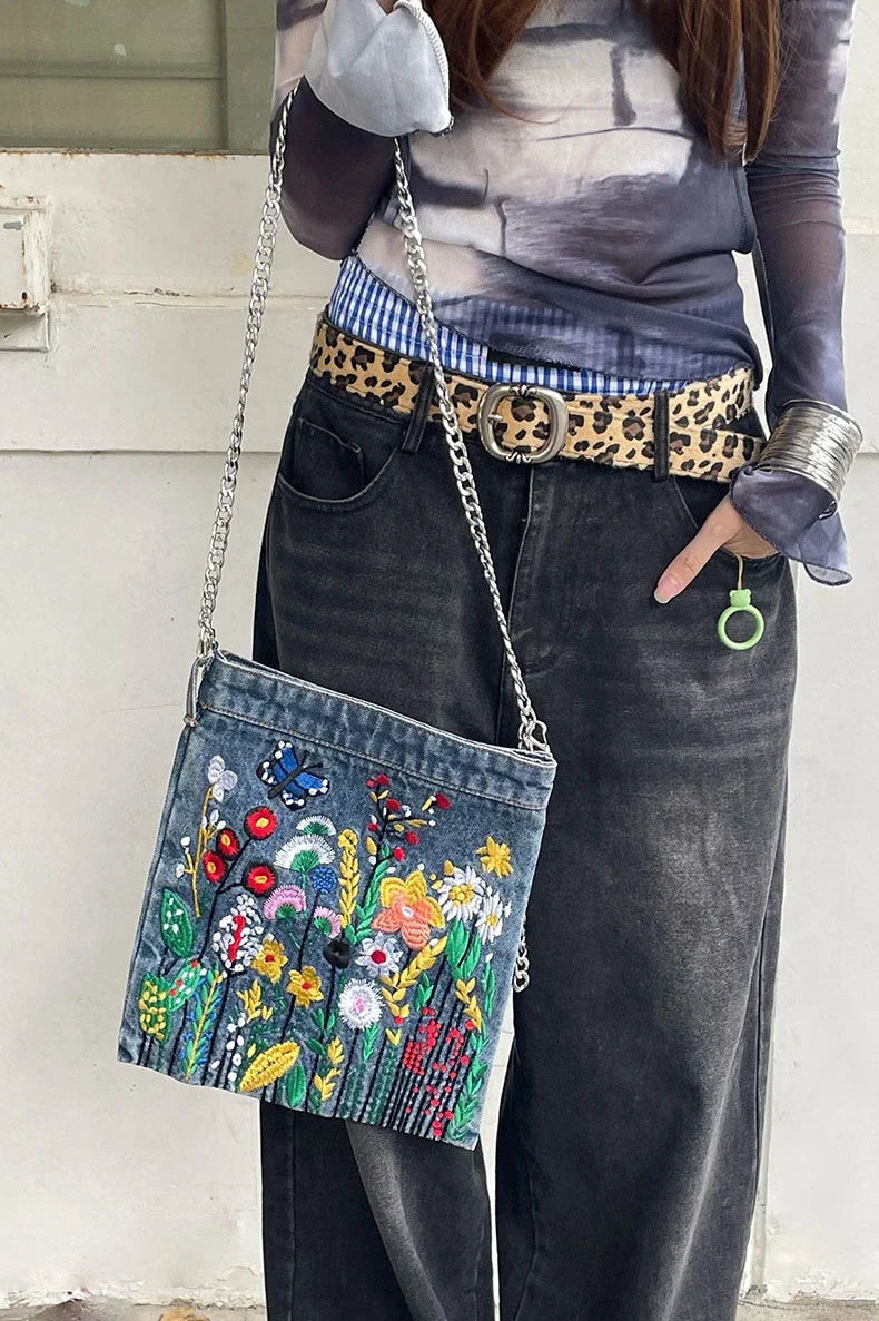 Embroidered Flowers Women Cowboy Shoulder Bag Fashion Chain Ladies Messenger Bags Denim Handbag Personality Trend Student Bag