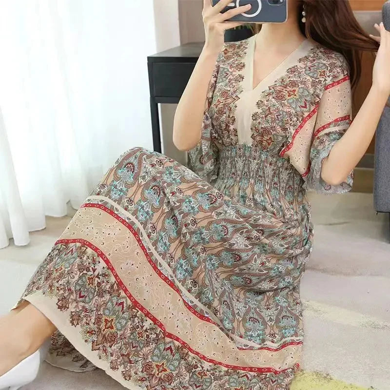 Casual Elegant Retro Bohemian National Style V-neck Elastic Waist Large Swing Printed Summer Long Skirt Woman Dress Clothes