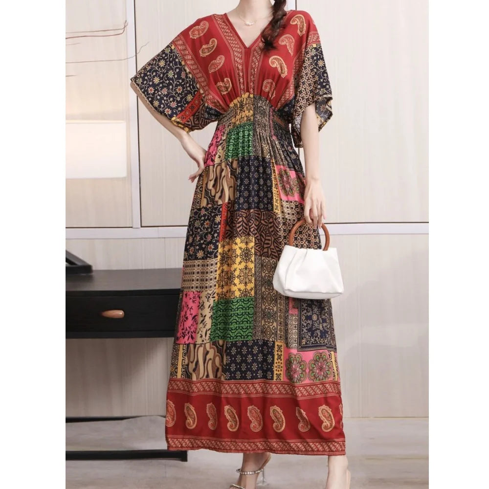 Casual Elegant Retro Bohemian National Style V-neck Elastic Waist Large Swing Printed Summer Long Skirt Woman Dress Clothes
