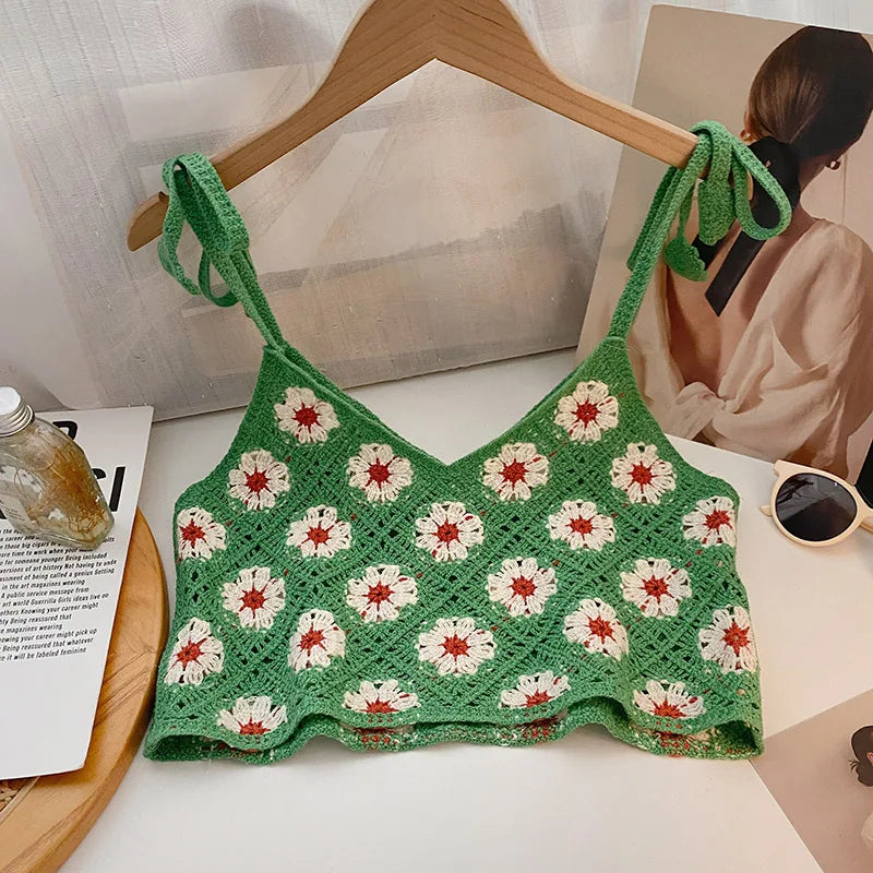 Floral Crochet Top with Tie Shoulder Strap Open-knit Cami Tank Women Teengirl Boho Crop Top Summer Vacation Bohemian Clothes