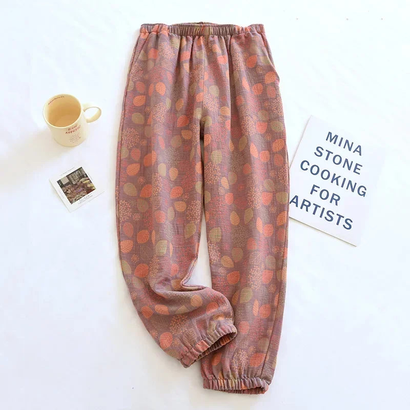 2025 New Spring Summer Women's Pajamas 100% Cotton Crepe Pants Women's Comfortable Loose Large Leaf Home Pants Thin bottoms