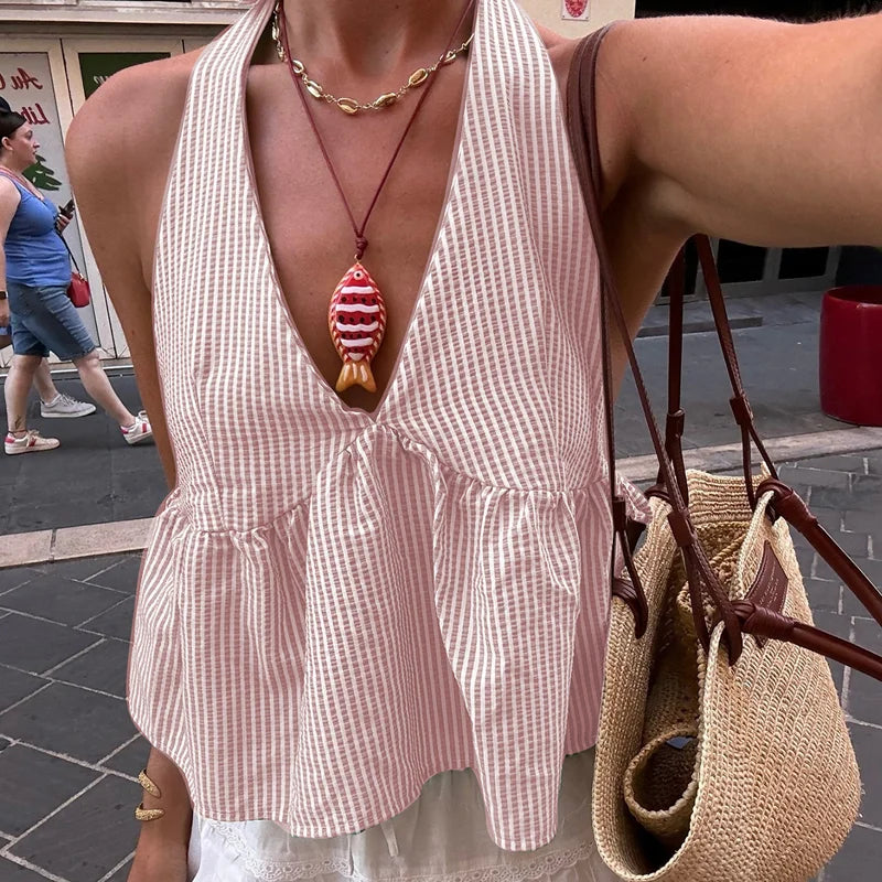 Bohemian Plaid Babydoll Tank Tops Coquette Tie-up Halter Neck Sleeveless Vest Summer Backless Crop Tops Women Holiday Streetwear