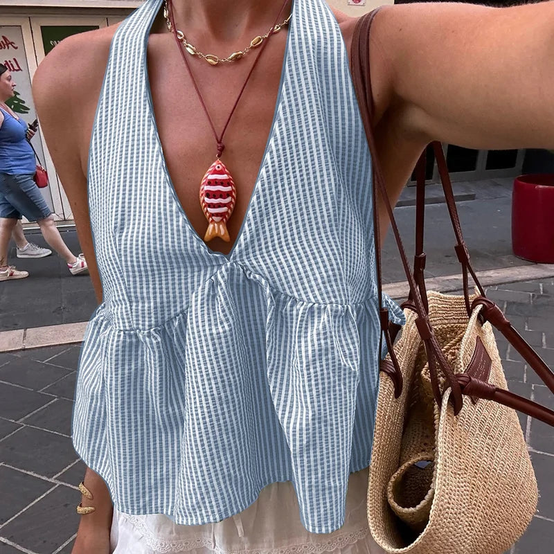 Bohemian Plaid Babydoll Tank Tops Coquette Tie-up Halter Neck Sleeveless Vest Summer Backless Crop Tops Women Holiday Streetwear