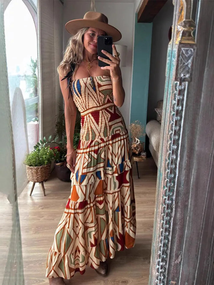 Fashion Printed Layered Curling Edge Patchwork Dresses Chic Full Sleeve Pleated U Neck Gown New Lady Vacation Highstreet Vestido