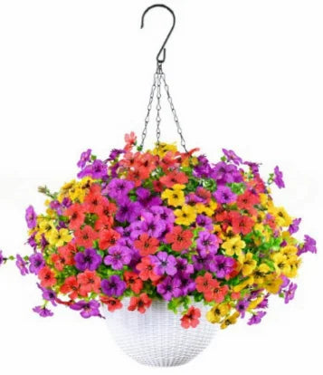 Fake Hanging Flowers With Basket -Artificial Flowers, Outdoor/Indoor Patio Lawn Decor, Artificial Hanging Plants For Wall, , Roo