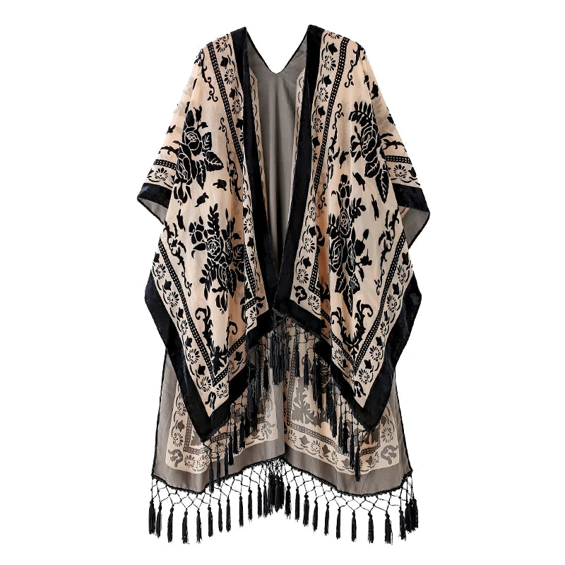 WeHello Bohemian burnt plush kimono Women's long Purple Tassel Beach Cover-up Holiday Casual Cardigan Shawl JYPF-20