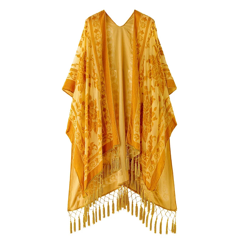 WeHello Bohemian burnt plush kimono Women's long Purple Tassel Beach Cover-up Holiday Casual Cardigan Shawl JYPF-20