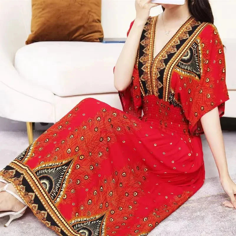 Casual Elegant Retro Bohemian National Style V-neck Elastic Waist Large Swing Printed Summer Long Skirt Woman Dress Clothes