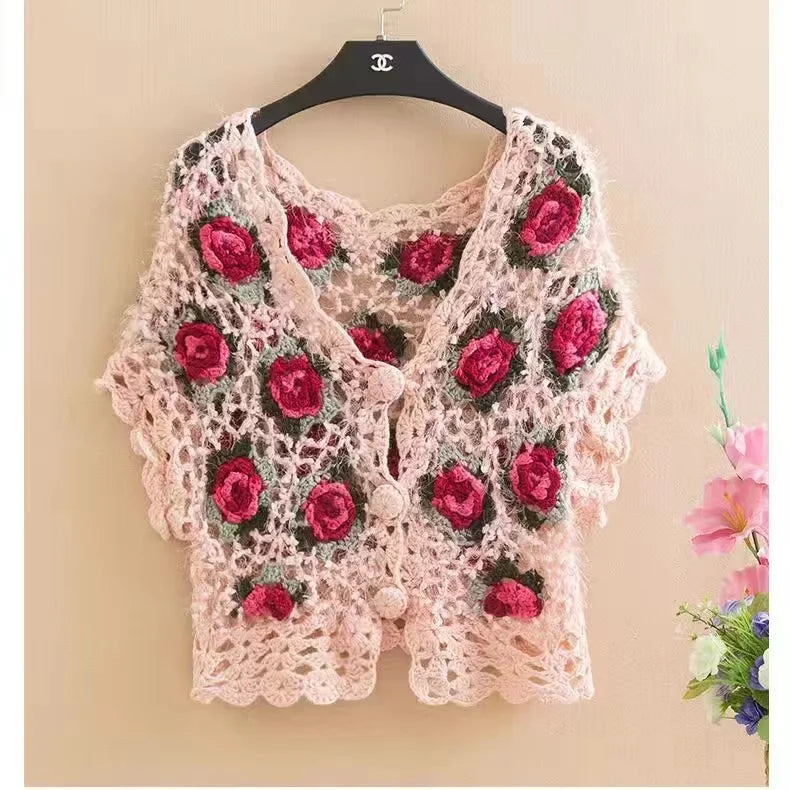 Three-Dimensional Flower Openwork Crocheted Sweater Cardigan Women's Spring And Autumn New Heavy Industry Joker Sweater 3XL Coat