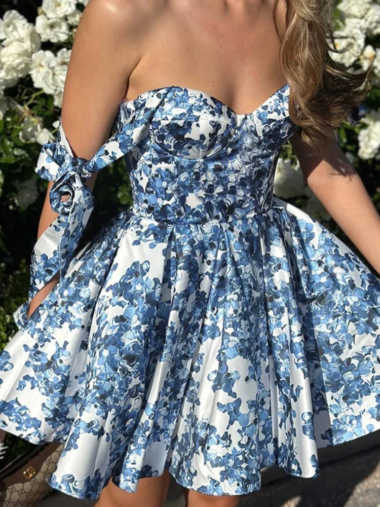 Vintage Blue Print Bow Lace-up Sling Dress For Women High Waist Pleated A-line Mini Dresses Summer New Vocation Lady Vestidos
