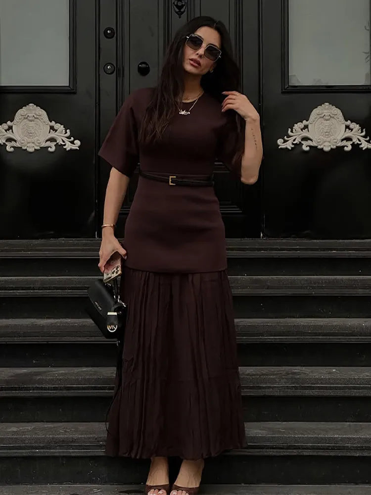Elegant O Neck Short Sleeve Maxi Dress Women Fashion Solid Pleated Gauze Patchwork Dresses 2025 New Lady Office Commute Vestidos