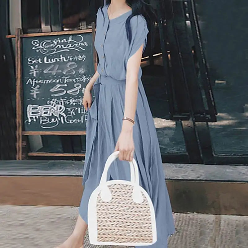 Women Fashion Short Sleeve Dress Summer Elegant Party Vestidos Casual Mid-calf Sundress Femme Vintage OL Robe Kaftan