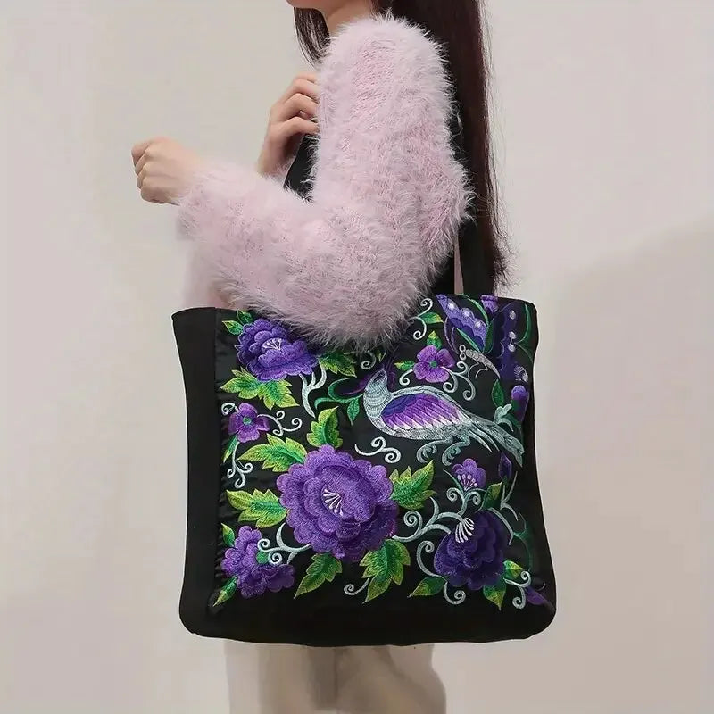 Ethnic Style Flower Embroidery Canvas Tote Shoulder Bag Large Capacity Handbag For Women