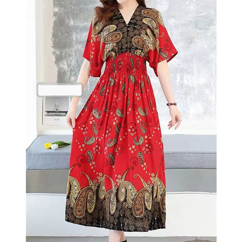 Casual Elegant Retro Bohemian National Style V-neck Elastic Waist Large Swing Printed Summer Long Skirt Woman Dress Clothes