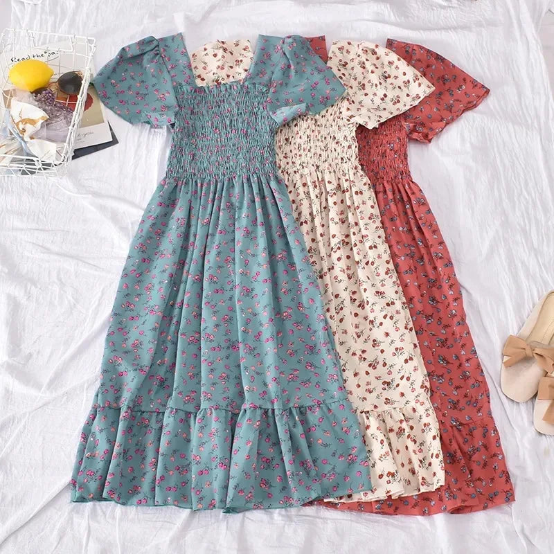 Sweet Spring Summer Floral Print Dress For Women Casual Square Neck Short Sleeve Elastic High Waist Midi Dresses With Ruffle Hem