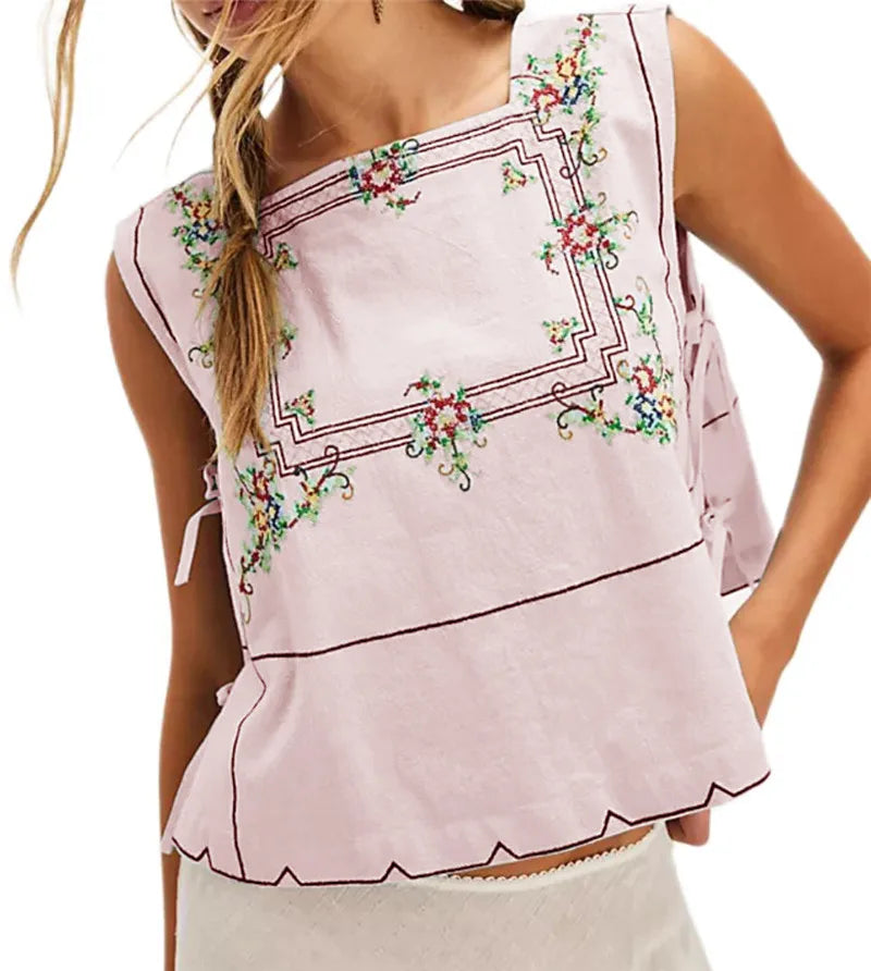 Embroidery Flower Tank Tops for Women Y2K Sleeveless Square Neck Button Front Free Tie Up Cropped Vest Summer Chic Streetwear