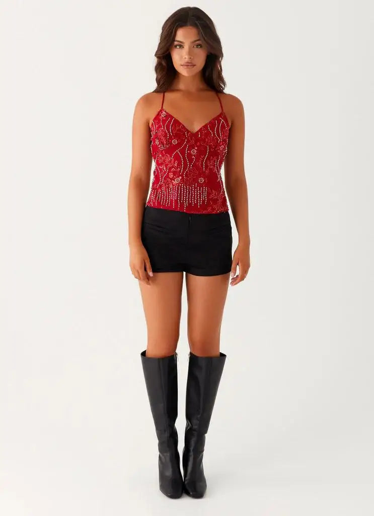 Fashion Solid Sequins Halter Crop Tops For Women Glitter Y2k Backless Lace-up Slim V Neck Top Summer Party Camisole Tank Shirts