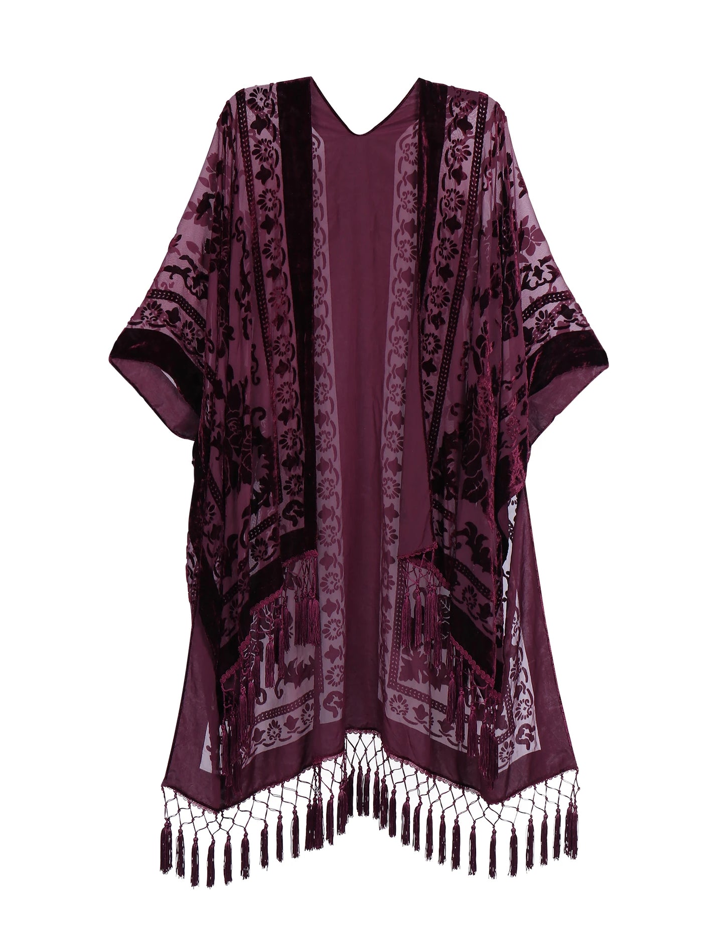 WeHello Bohemian burnt plush kimono Women's long Purple Tassel Beach Cover-up Holiday Casual Cardigan Shawl JYPF-20