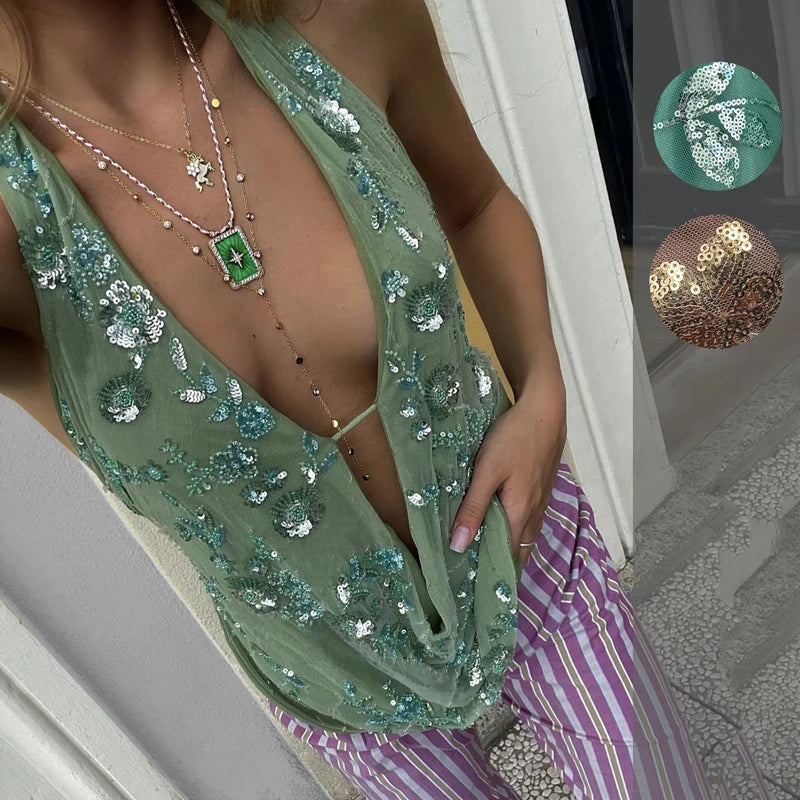 Green Shinny Sequins Deep V Halter Vest Women Sexy Off Shoulder Sleeveless Tops Chic Lady Sparkle Tank Tops